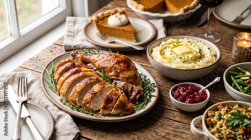 A beautifully arranged Thanksgiving dinner featuring roasted turkey, mashed potatoes, cranberry sauce, green beans, and pumpkin pie on a wooden table.
