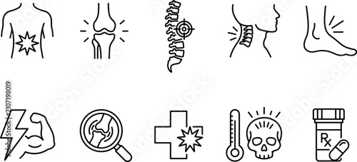 Foto Body pain and joint ache medical line icon set with spine, bone injury, headache