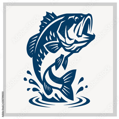 Bass fish jumping out of water with splash effect vector illustration isolated on white background emblem for fishing tournament or sports gear logo design with detailed artistic style element.