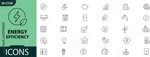Energy efficiency icon set sustainable living and renewable power solutions