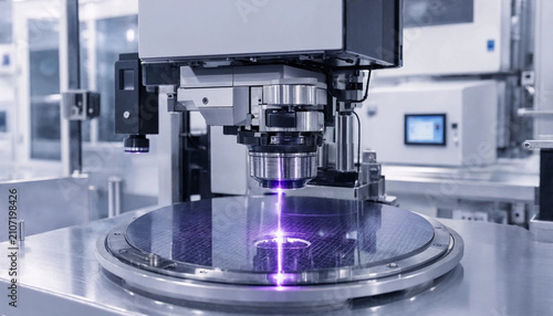 Close up of a semiconductor wafer being processed by a precision laser machine with a bright purple light beam in a clean room