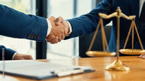 Professional handshake with justice scales symbolizing legal agreement and trust in corporate negotiation