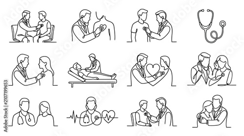 Fotografie Doctor Patient Medical Checkup Illustrations: Heart Care & Consultation Line Art