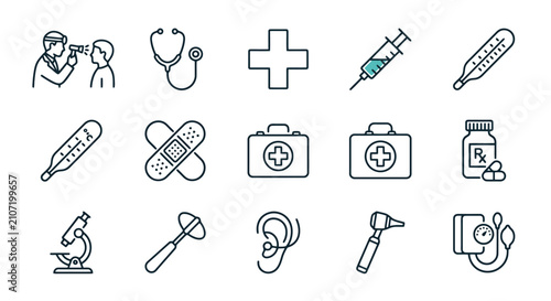 Bild auf Leinwand Medical Icons Set: Doctor, Stethoscope, Syringe, Thermometer, Microscope, First