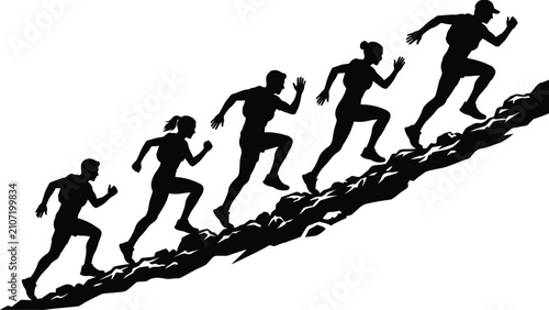 Fotografie Silhouette collection of male and female trail runners sprinting uphill isolated