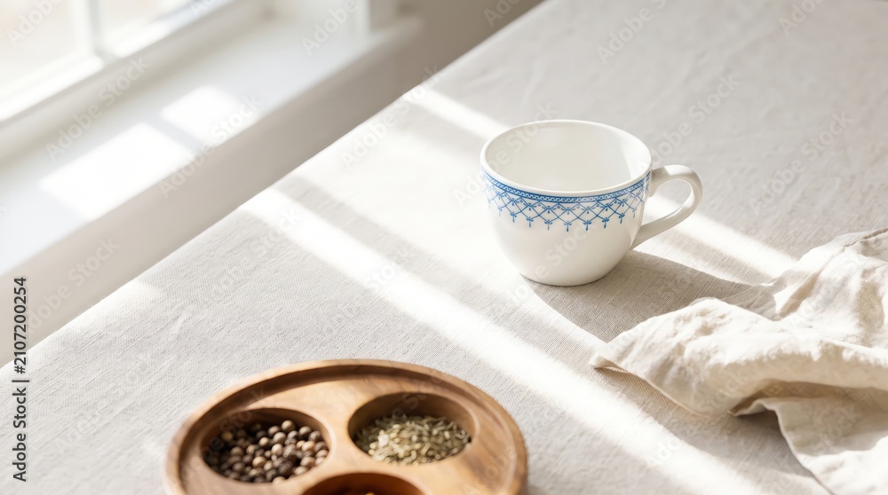 Fototapeta premium Minimalist white ceramic mug with blue geometric pattern resting on textured linen tablecloth surface with decorative pattern placed