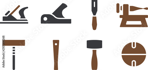Photos Set of woodworking tools including planes chisels mallets and a lathe isolated o