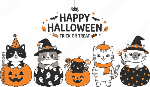 Obraz na plátne Cute cartoon kittens wearing witch hats and party costumes sitting inside orange