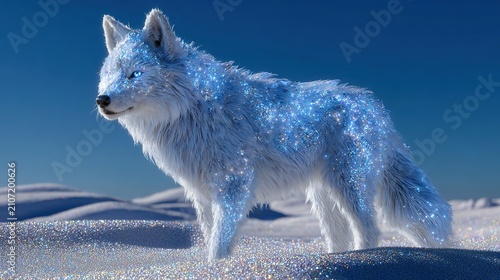 Arctic Spirit Wolf: An ethereal white wolf with glowing blue eyes stands majestically on a snowy landscape, its fur shimmering with crystalline particles under a clear sky.