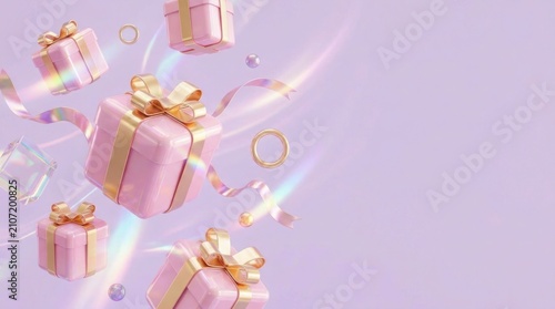 Floating pink gift boxes with golden ribbons against soft pastel purple background for celebration