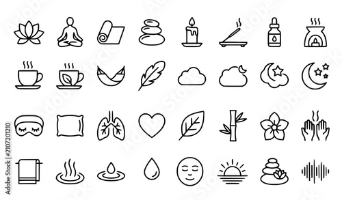 Modern Yoga Meditation Wellness and Mindfulness Line Icon Collection Isolated on White Background Vector Set