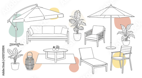 Line art sketches of various patio and garden furniture pieces including sofas, umbrellas, chairs, and potted plants.