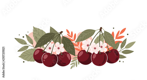 Ripe dark red cherries on branches with green leaves and delicate white blossoms arranged in a beautiful border.