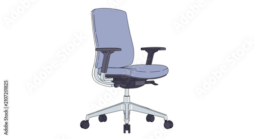Modern ergonomic office chair in light blue color with adjustable armrests and wheels isolated on white background.
