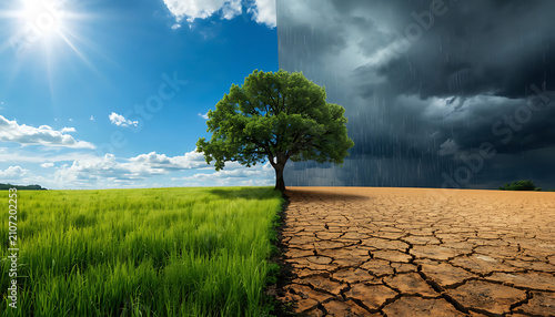 The image powerfully illustrates the dual impacts of climate change, contrasting a thriving, green landscape with a stark, cracked desert under severe weather