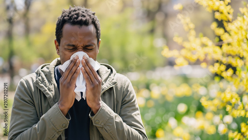 Black man allergy sufferer sneezing and blowing nose with tissue in spring park with yellow flowers. Seasonal allergies and healthcare awareness banner with copy space