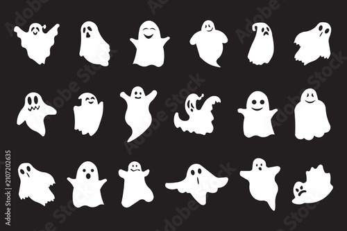 Halloween Ghost Silhouette Character Collection with Cute, Scary, Happy and Flying Spirits on Black Background for Party, Craft and Printable Designs