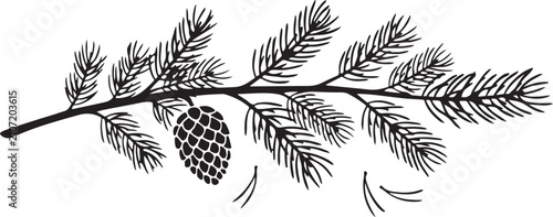 Silhouette of a pine branch with a single cone and scattered needles on a white background