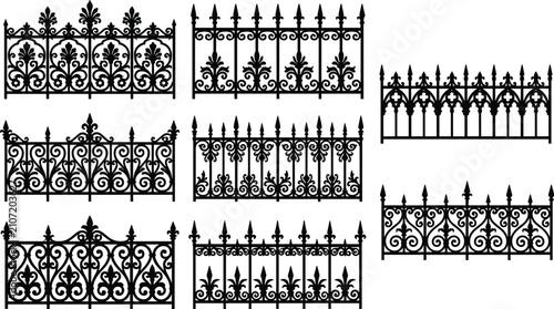 Foto Black and white ornate wrought iron fences and decorative railing panels vector