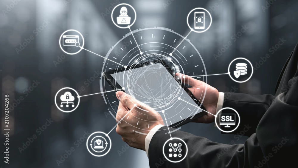 Fototapeta premium Data privacy and cyber security icons show encryption, data privacy safeguards, and cyber security defense. Data privacy ensures cyber security protection and access control. Gist