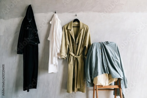 Clothing Display on Hooks and Chair in Modern Interior Setting
