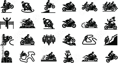 Canvastavla Flat motorcycle racing silhouette icons set with motorbike racers motorsport ac