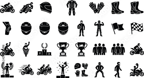 Cuadro en lienzo Flat motorcycle racing equipment and racer silhouette icons set featuring helme