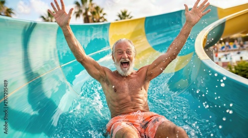 Senior man with gray hair joyfully slides down a colorful water slide at a water park, splashing water around him with palm trees visible in the background