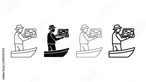 Принти на полотні Fisherman using fish finder device in boat icon illustration