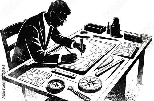 Black silhouette style illustration of a man drawing a map on a table with various cartography tools and supplies isolated on white background for design