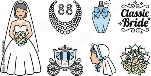 Фотография Classic bride and wedding accessories icon set vector illustration featuring bri