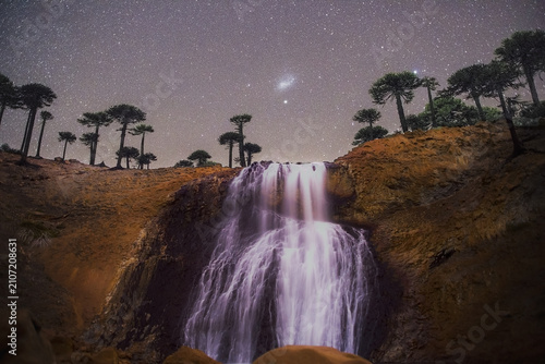 Photography Starry Night Waterfall with Small Magellanic Cloud and Araucaria Forest