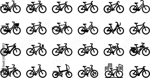  Flat bicycle silhouette icons set featuring city bikes electric bicycles folding bikes and eco transit symbols for navigation applications