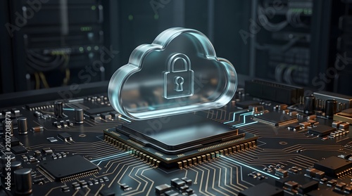 Plakat Glass cloud computing icon with padlock resting on processor chip. Concept of cloud storage security, data encryption, and server infrastructure.