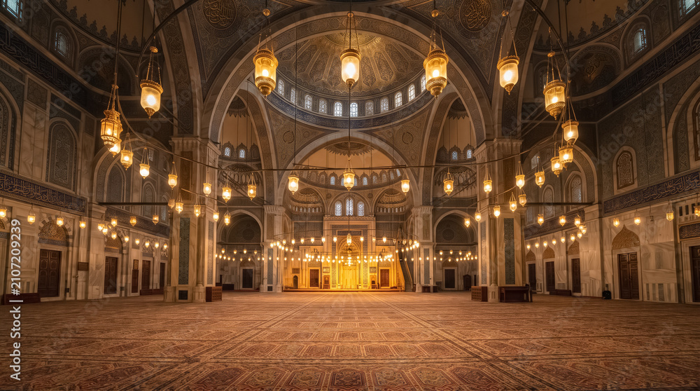 Obraz premium Grand Mosque Interior with Golden Illuminated Lamps and Intricate Islamic Geometric Patterns at Night