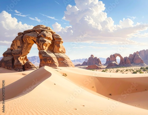 Desert scene features a natural stone arch, dunes in the foreground, and other formations in the distance under a blue sky