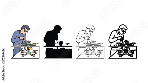 Technician man repairing modern drone technology at workbench illustration set
