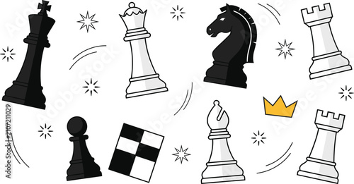 Foto Hand Drawn Chess Piece Collection with King Queen Rook Bishop Knight Pawn and St