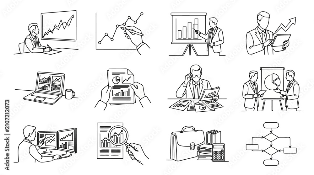 Fototapeta premium Business Analysis Icons: Charts, Graphs, Presentation, Workflow, Finance