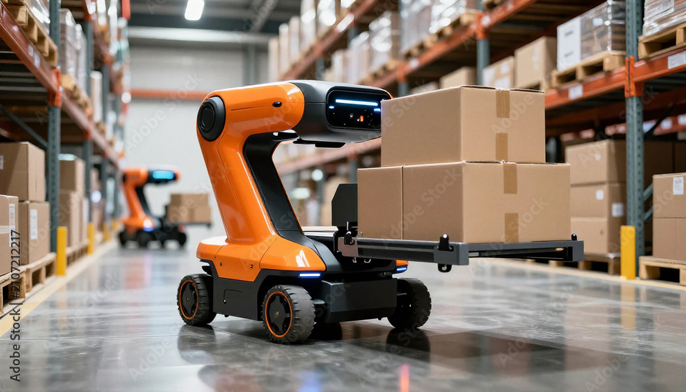 Fototapeta premium Autonomous forklift robot carrying cardboard boxes in modern automated warehouse for smart logistics