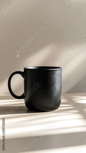 Black coffee cup on wooden table top view.