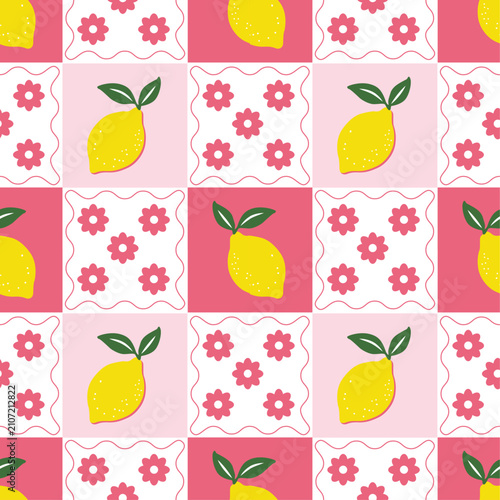lovely yellow summer floral lemon seamless pattern, italian lemon vector drawing on a pink background,  lemon wallpaper for cover, wrapping, case, napkin