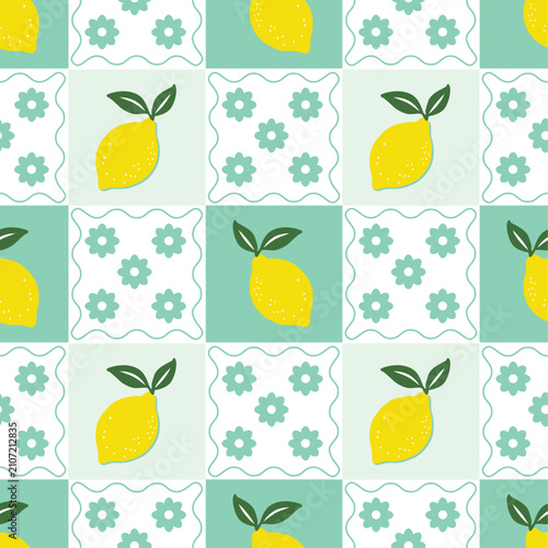 sweet yellow summer floral lemon seamless pattern, italian lemon vector drawing on a mint background,  lemon wallpaper for cover, wrapping, case, napkin