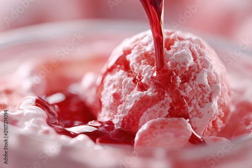 Pink ice cream with red syrup close up