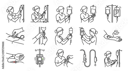 Photos Medical Infusion Setups: Nurse Administering IV Drip and Fluid Bag Illustrations