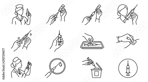 Fotografía Vaccination Steps: Nurse Preparing Injection, Administering Shot, Disposal of Sy