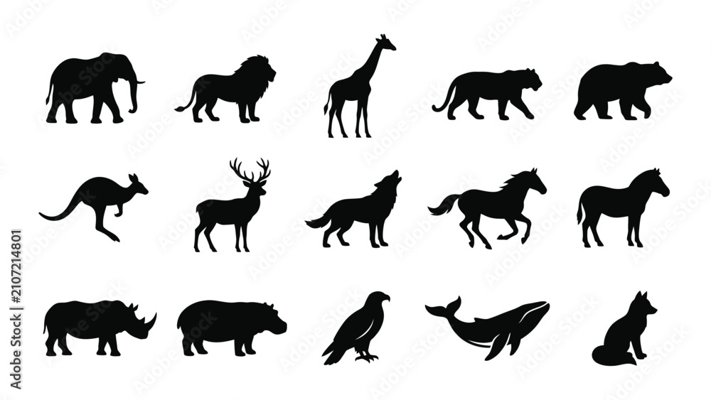Obraz premium Black silhouette icons of various wild animals with animal silhouettes arranged displays collection black