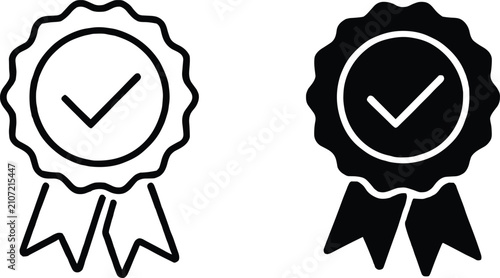 Bild auf Leinwand Outline and filled award rosette icons with checkmarks on white Keywords: award,
