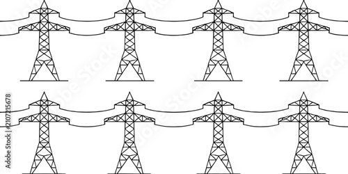 Quadro su tela Repeating pattern of electricity pylons and power lines on white background tran