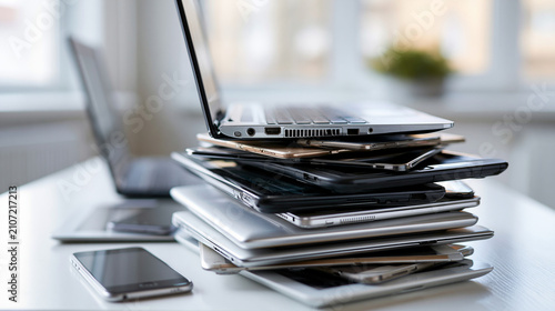 Pile of used laptops tablets and smartphones neatly stacked on a bright white desk technology donation concept e waste reuse upcycling initiative device second life